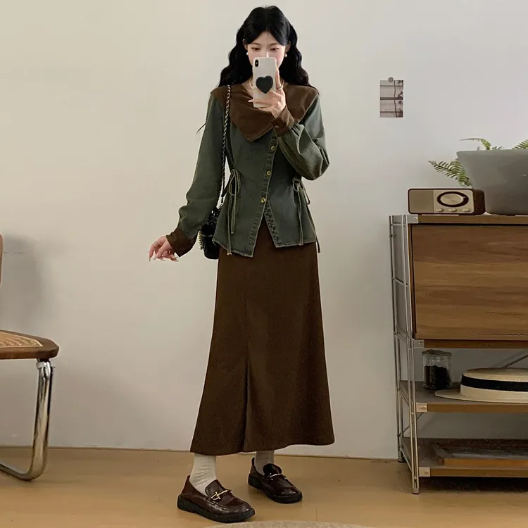 MO88ZSPF胖MM韩版气质牛仔拼接绑带上衣半身裙两件套大码女装