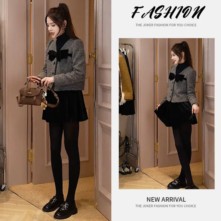 【现货】秋季一整套女装2025新款韩版蝴蝶结外套百搭简约短裙两件套