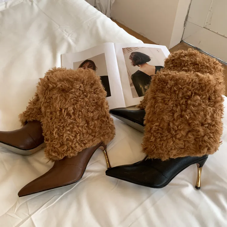 宋熙熙2025秋冬新款辣妹风细高跟尖头高筒靴时尚百搭复古两穿短靴