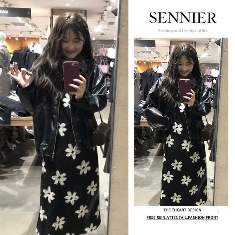时尚穿搭女2025早秋新款韩版气质皮衣外套小众花朵连衣裙两件套装