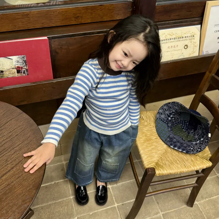 壹妈韩版童装女童早秋穿搭套装洋气儿童蓝色条纹上衣牛仔裤两件套