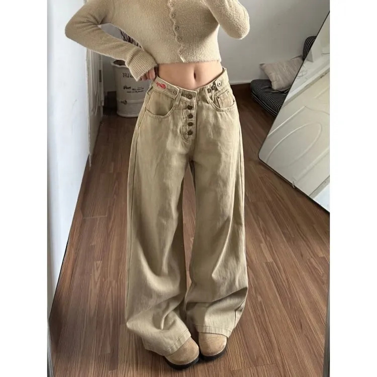 美式复古卡其色做旧牛仔裤女秋冬新款小众直排纽扣设计感阔腿长裤