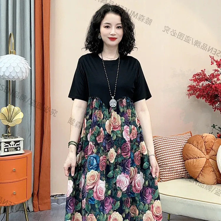 浪漫连衣裙中年女装妈妈款海边穿搭度假风新中式夏装女士短袖拼色