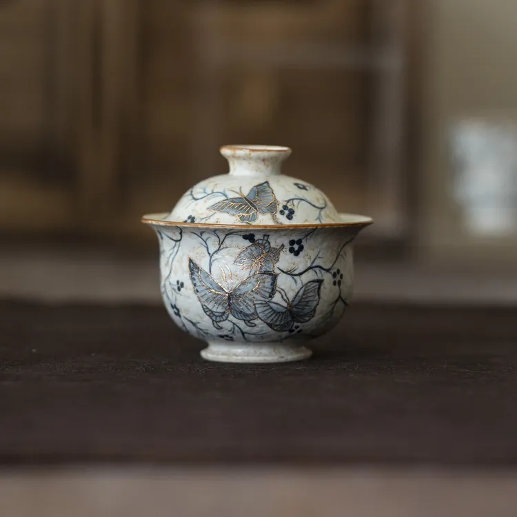 焦糖釉描金手绘缠枝蝴蝶元宝二才盖碗泡茶碗家用陶瓷茶具功夫茶具