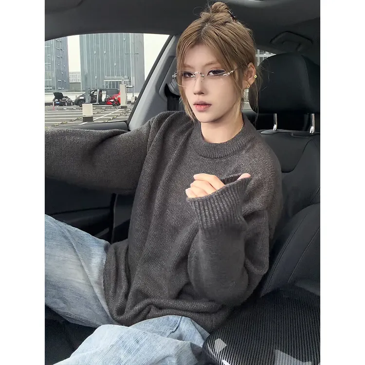 cleanfit深灰色圆领毛衣男秋冬季慵懒风基础款内搭打底针织衫外套