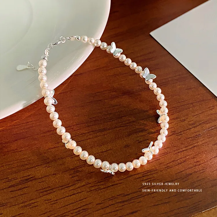 乾佳S925纯银甜美森系蝴蝶珍珠手链女轻奢小清新仙女风手饰品代发