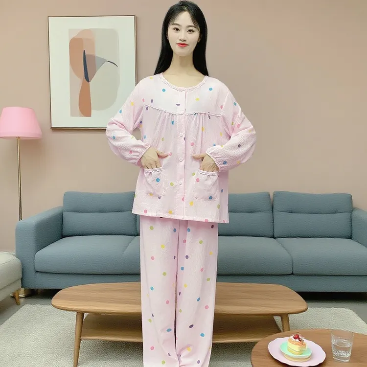长袖睡衣女款春秋季云朵棉长裤套装无胸垫卡通圆领开衫家居服Y171