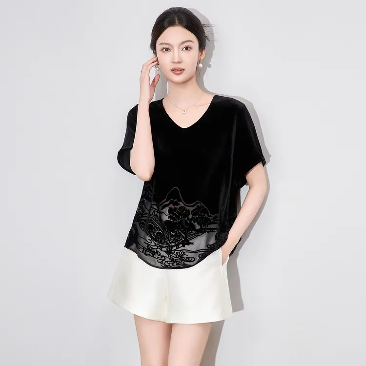 南油高品质新中式时髦洋气V领山水画烧花真丝丝绒新中式国风女装