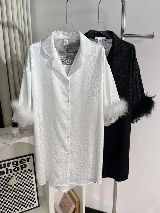 纯欲风高级感睡衣女冰丝睡裙高档豹纹法式羽毛日系性感睡衣家居服