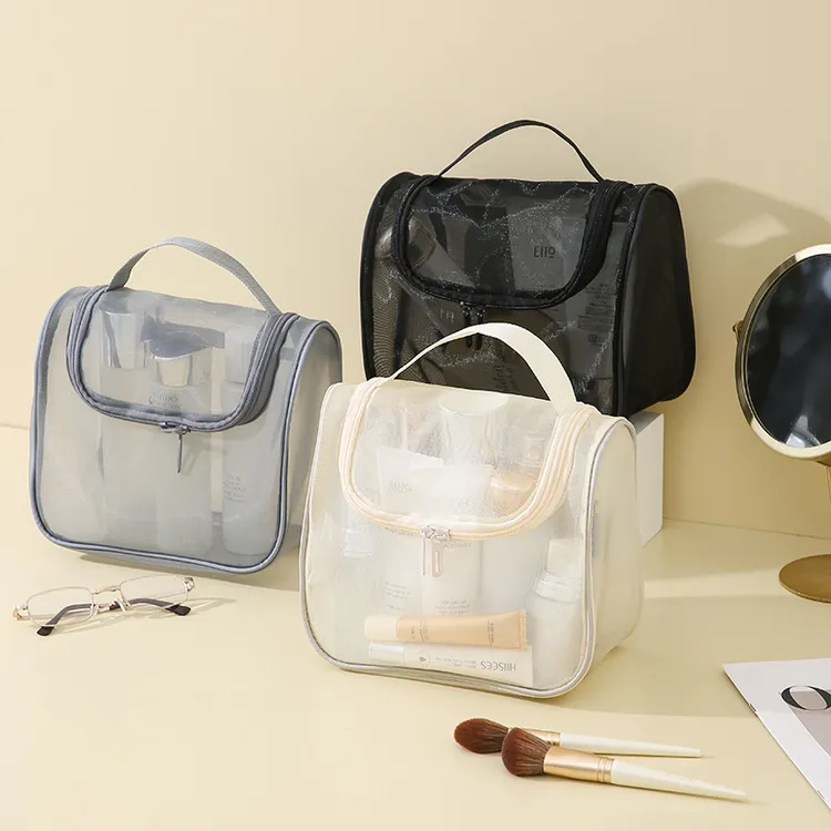 网纱手提化妆包大容量便携化妆品收纳包多功能洗漱包高颜值弯包