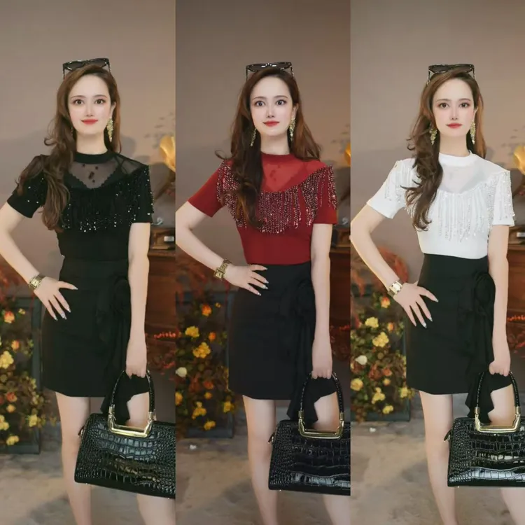 吴依1371夏季设计感拼接流苏T恤时尚百搭修身显瘦气质女