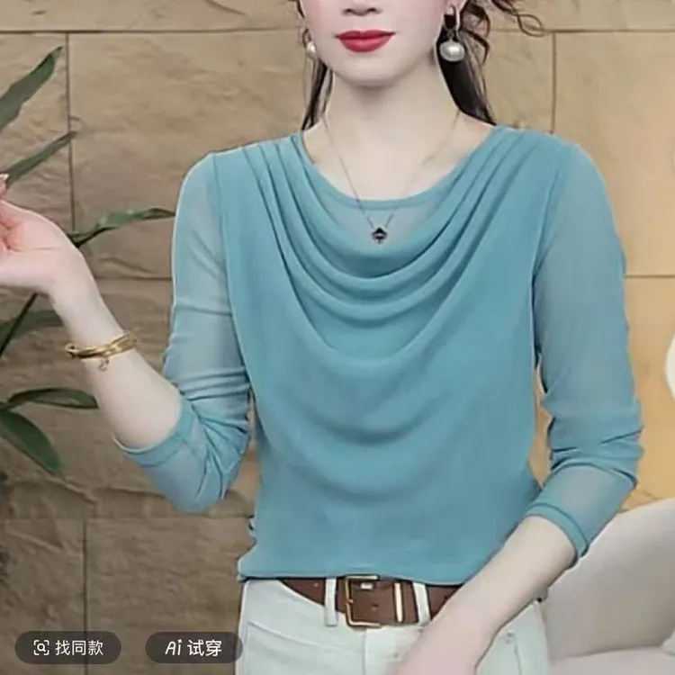 春秋新款弹力网纱长袖上衣轻薄透气大码遮肚子法式女人堆堆领小衫