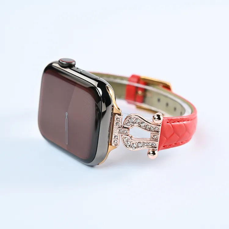适用苹果手表iwatch10金属马蹄扣AppleWatchS987女款带钻真皮表带