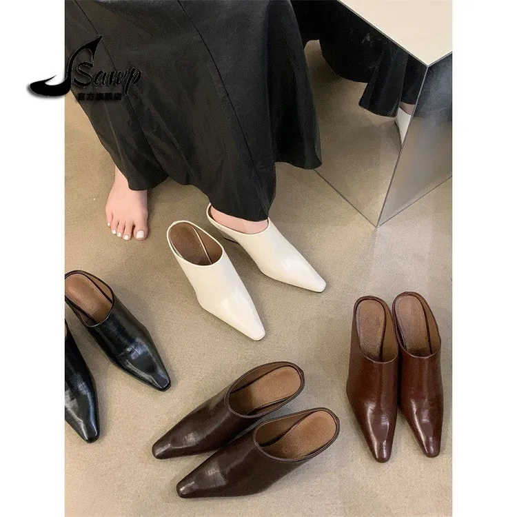 欧美包头半拖鞋女小方头坡跟高跟凉拖时尚外穿粗跟懒人穆勒鞋