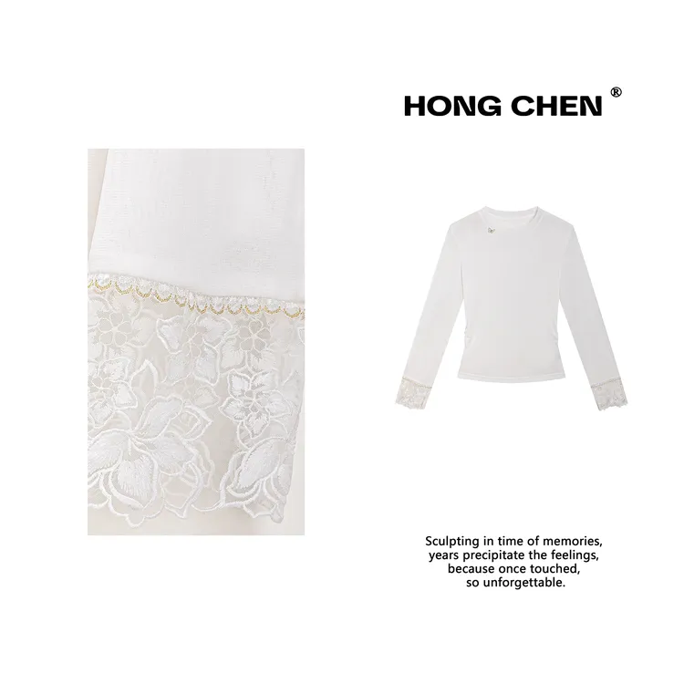 【虹辰·瘦瘦T】高端时尚蝴蝶扣修身显瘦高级感圆领蕾丝长袖T-HC2857
