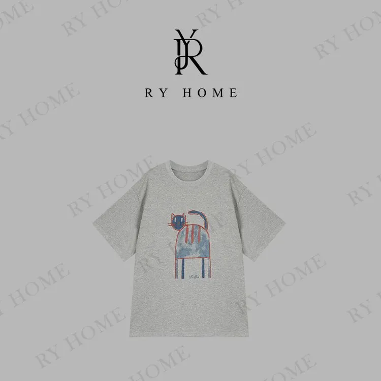 【容雨RYHOME】100%棉重磅趣味涂鸦猫咪印花短袖T恤252T2117