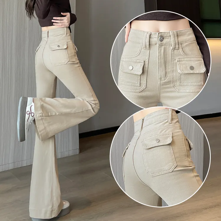 蜜蜜穿搭美式卡其色工装紧身微喇牛仔裤女2025秋冬季高腰修身裤子