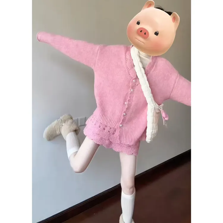 2026年冬季时尚休闲少女风新款套装修身显瘦开衫高腰半身裙两件套