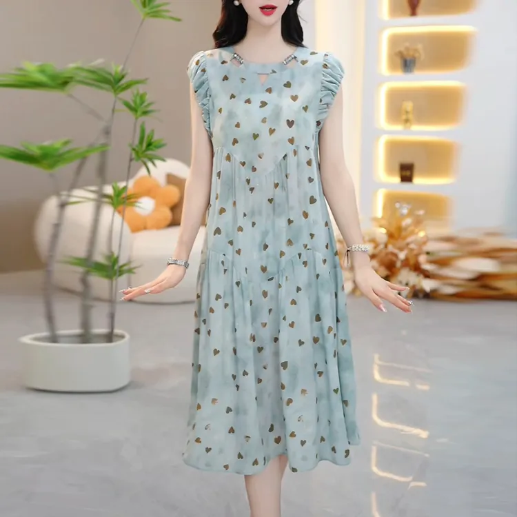 轻奢优雅高档气质爱心印花连衣裙2025夏季新款修身显瘦中长款裙子