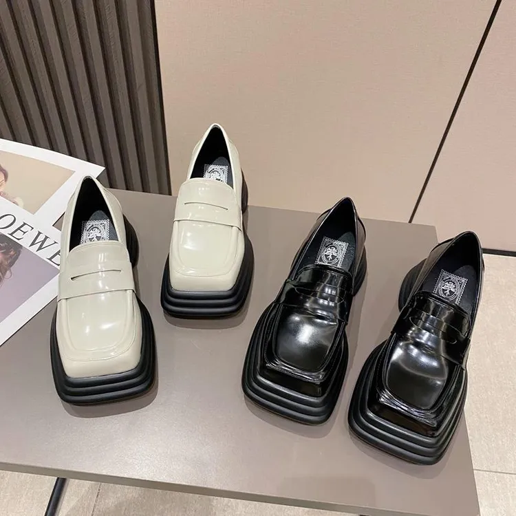 乐福鞋春季欧货新款方头中口厚底粗跟休闲鞋帅气套脚软底单鞋