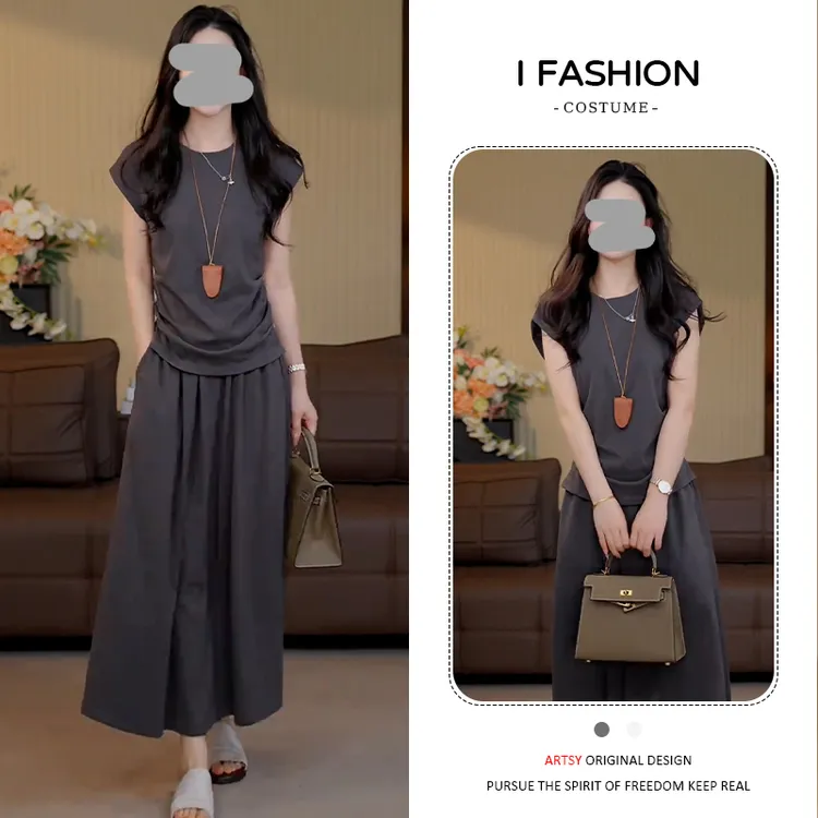 温柔风简约套装女2025夏季新款洋气宽松显瘦短袖上衣半身裙两件套