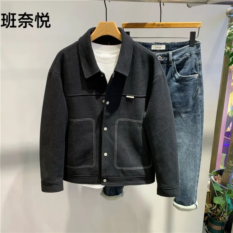 秋冬新款男士简约明线翻领夹克韩版时尚潮流百搭修身工装休闲外套