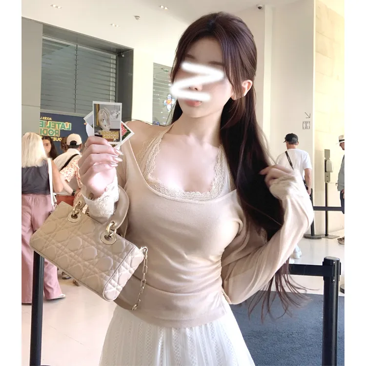 蕾丝拼接挂脖T恤女早秋季2025新款假两件纯欲内搭打底衫长袖上衣