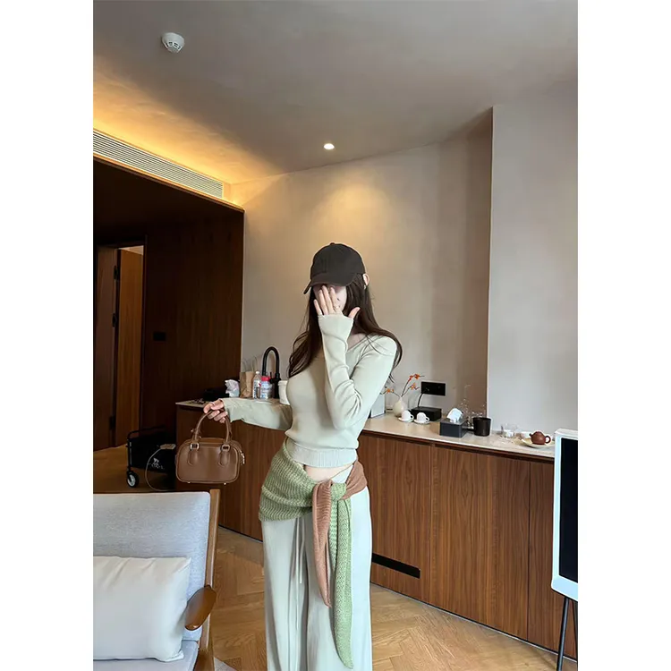 洋气衣服女早秋气质百搭U领长袖针织衫上衣送披肩休闲直筒阔腿裤