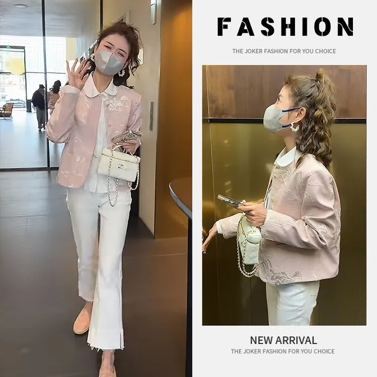 早春气质一整套女装2025新款韩版衬衫新中式外套高腰牛仔裤三件套