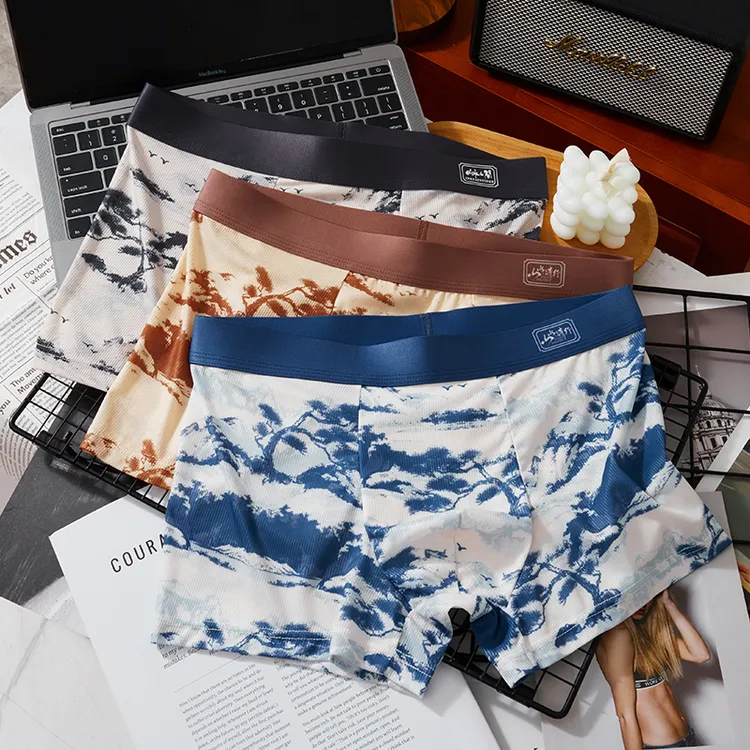 男士冰丝内裤男薄款格纹平角裤夏季透气青年性感四角裤潮流短裤衩