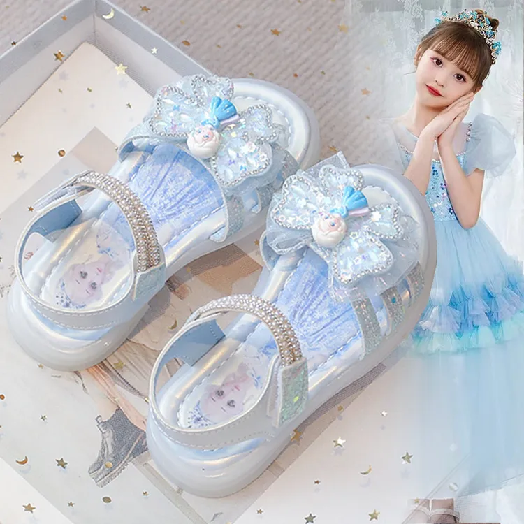 女童凉鞋闪亮爱莎公主鞋2025夏季新款儿童水钻水晶凉鞋沙滩鞋软底