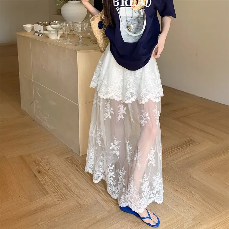复古蕾丝拼接半身裙女2025夏季新款高腰显瘦法式减龄薄款网纱长裙