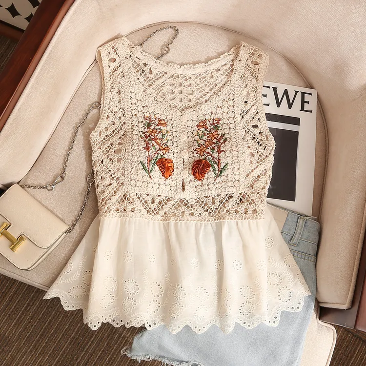 波西米亚针织钩花吊带背心女夏季新款无袖镂空露肩外穿高级感上衣