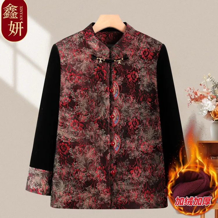 秋冬新款妈妈装新中式唐装立领长袖开衫中老年人气质奶奶外套上衣