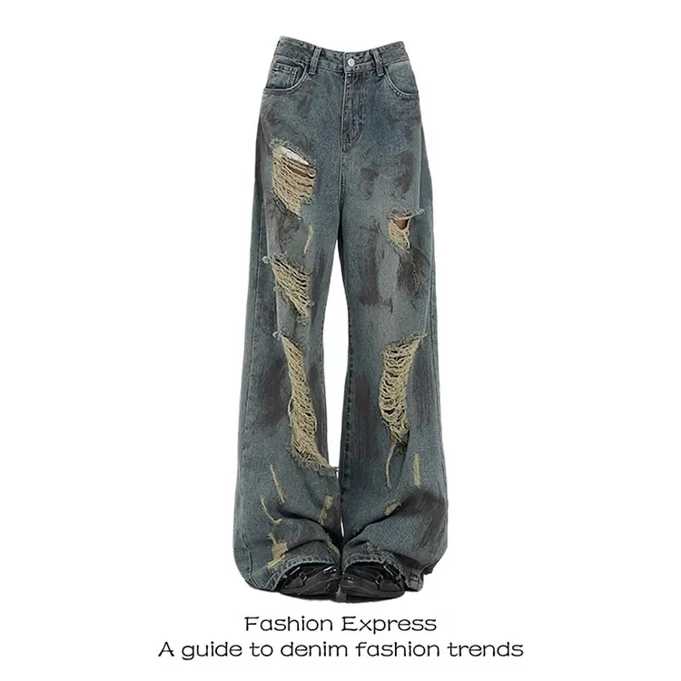 废土风复古泼墨破洞牛仔裤女2025年秋冬新款高腰显瘦阔腿拖地裤