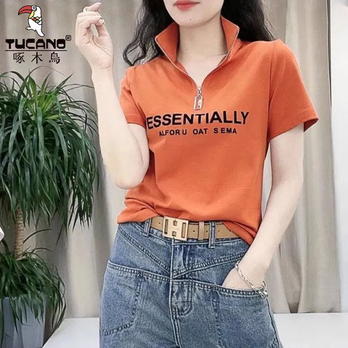 啄木鸟时髦韩系舒适港风新款小衫短袖t恤女显廋百搭拉链上衣潮流