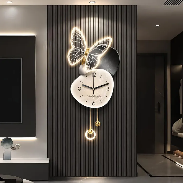 轻奢高级感带时钟电视背景墙装饰画石来运转客厅挂画格栅装饰挂件