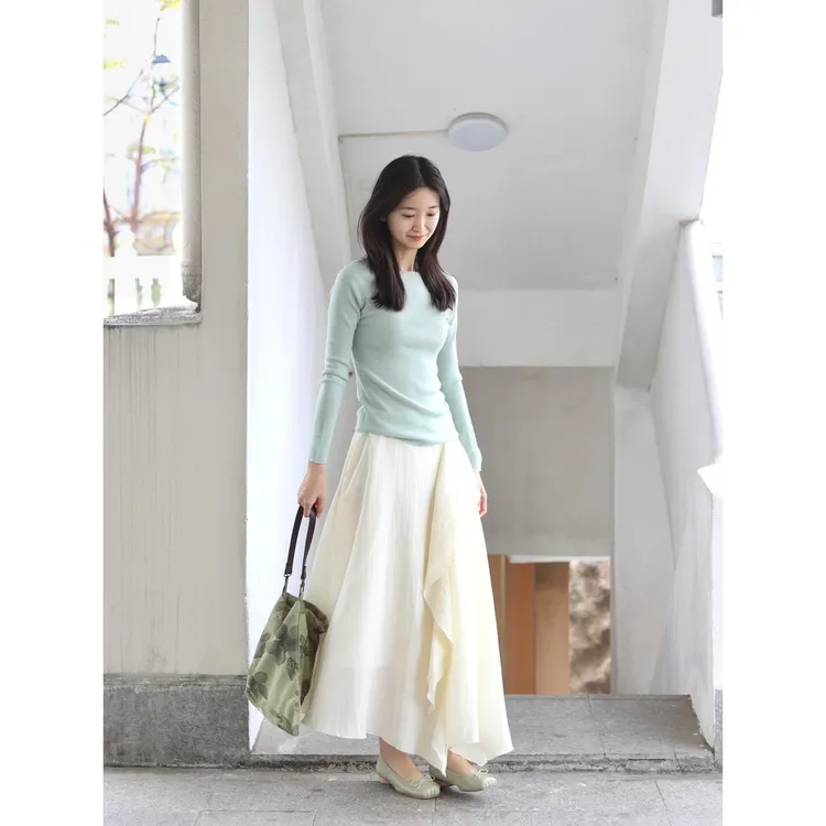 修身针织衫一字领显瘦T恤上衣松紧腰法式甜美温柔风花边半身裙女