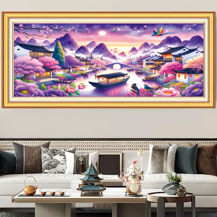 【美娜丽莎】紫色梦境十字绣客厅风景山水画45色满绣无勾边230X90cm