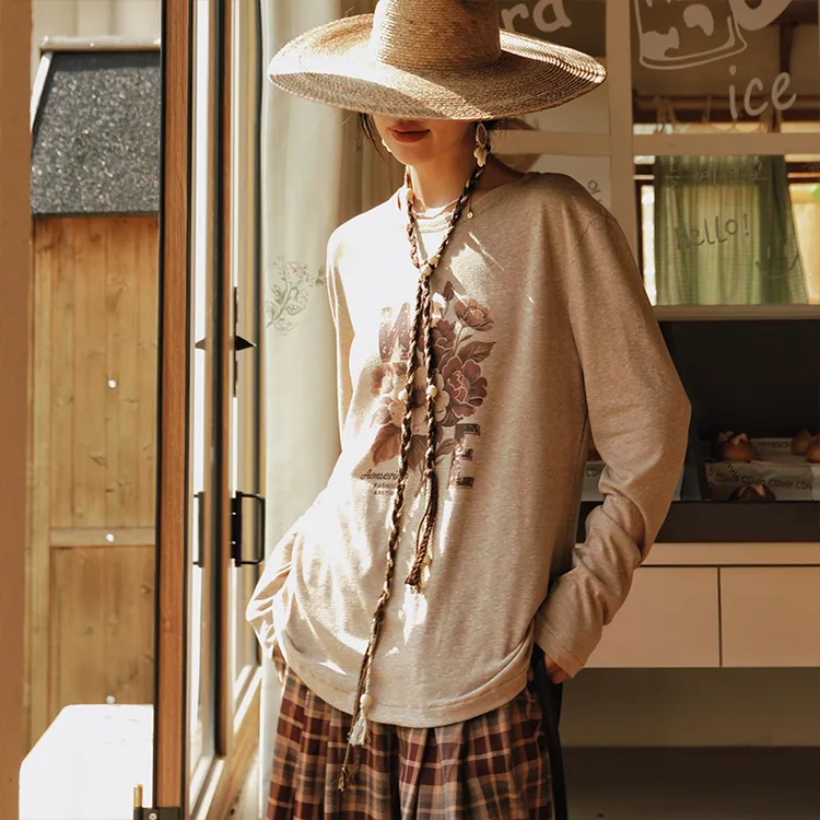 麦叙原创《蔷薇颂》复古艺术印花长袖T恤女秋季宽松打底衫上衣