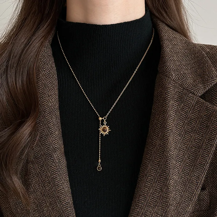 钛钢项链 虎眼石太阳花吊坠项链女美拉德复古气质毛衣链秋冬配饰 