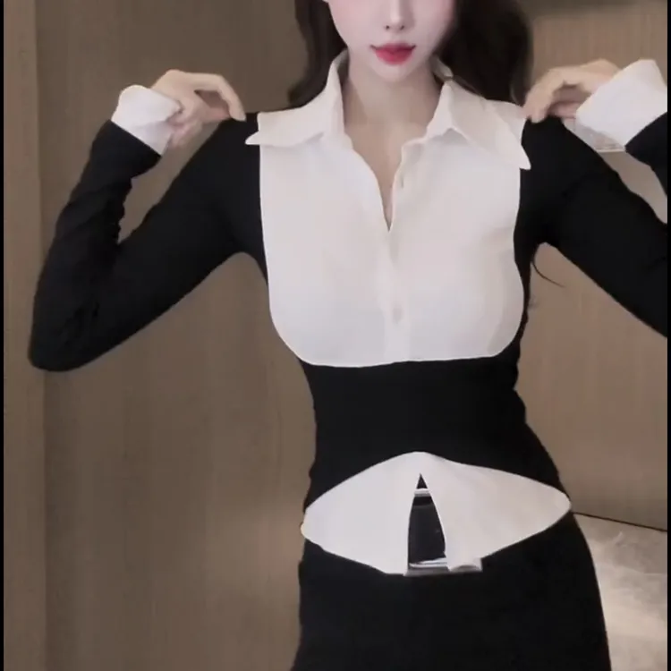 新款时尚简约假两件收腰百搭衬衫上衣