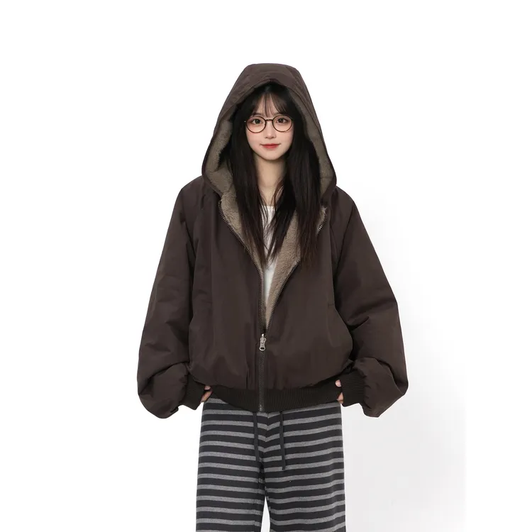 双面穿座山雕加绒连帽派克服男女宽松显瘦气质秋冬厚外套潮