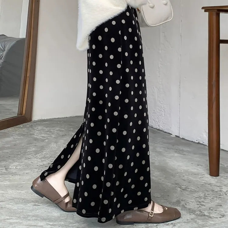 金丝绒波点半身裙女2025秋冬季新款垂坠感开叉直筒裙包臀a字半裙