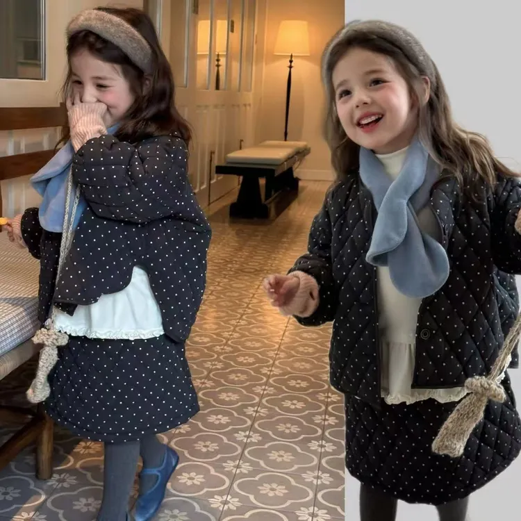 女童套装25秋冬新款女宝宝波点绗棉外套棉服洋气短裙女童棉服外套