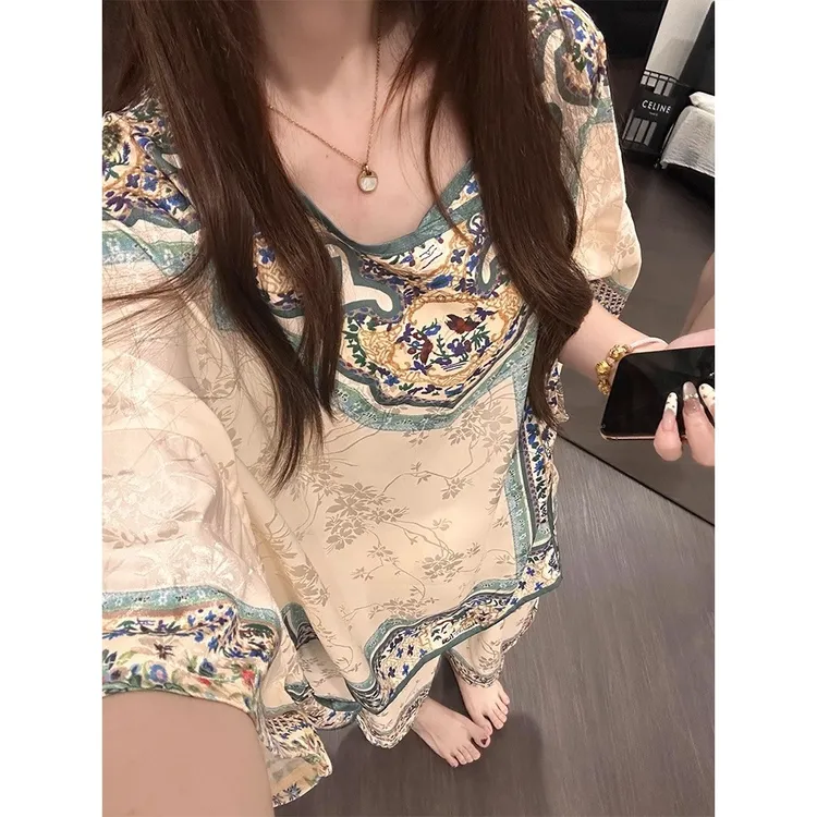 高级感新中式印花绵绸睡衣女2025新款国风宽松家居服长裤套装外穿