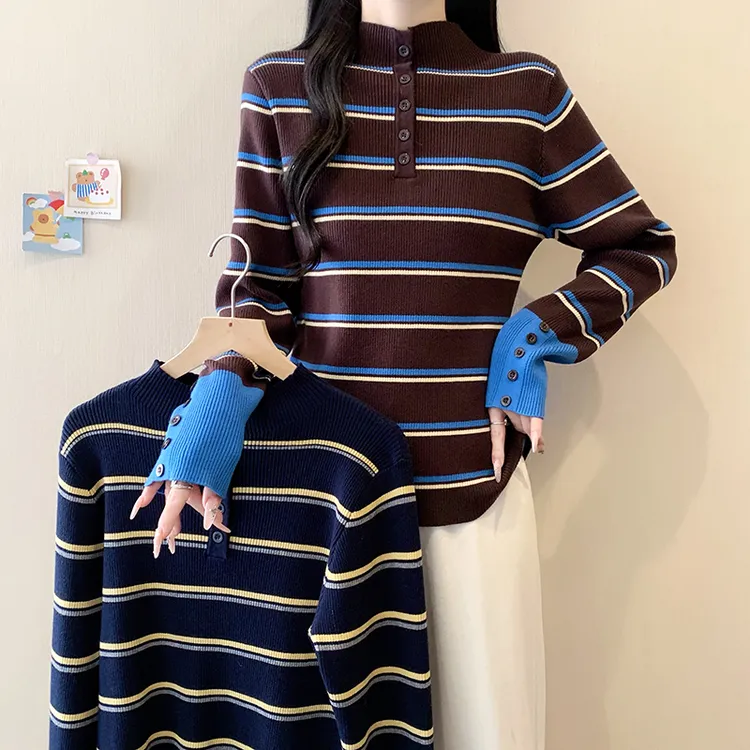 【wy】条纹撞色半高领长袖毛针织衫冬季保暖大码女装毛衣针织衫3839