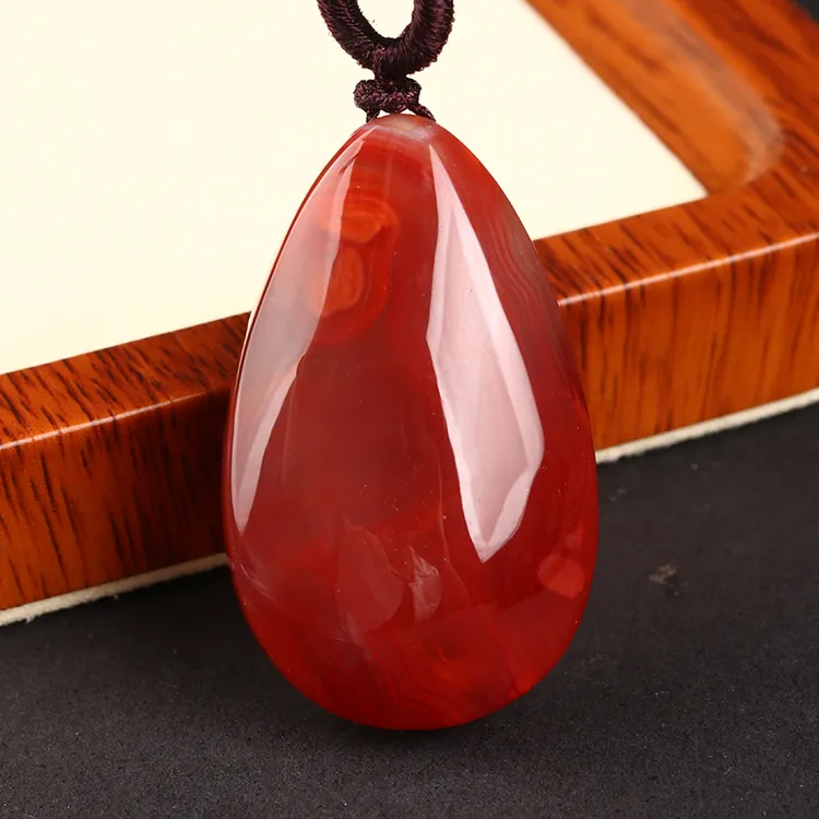 欧说珠宝原矿火焰纹南红玛瑙水滴吊坠精致编织绳项链送男女生礼物