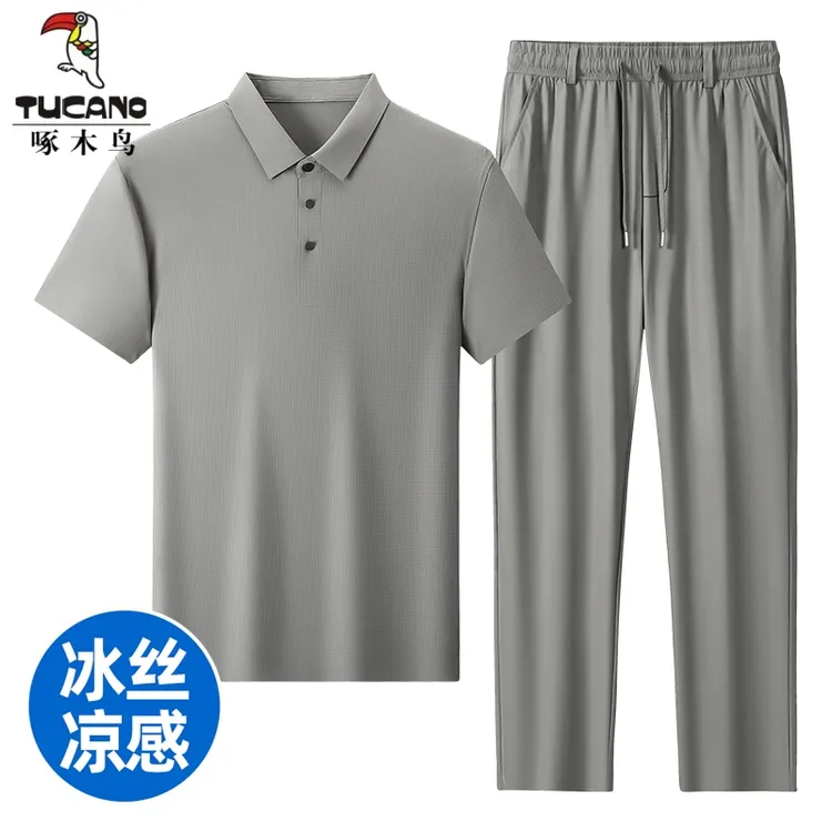 啄木鸟运动休闲夏季冰丝无痕短袖polo衫男士两件套轻奢痞帅男装