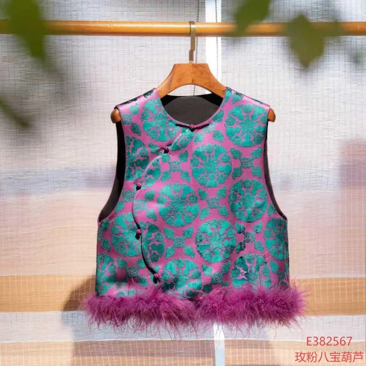 【锦系~新款】漳绒拼鸵鸟毛国风桑蚕丝马甲背心E-382567-ZRD4166778